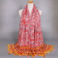 Fashion new arrival large flower pattern print scarf mecerized cotton shawl with tassel